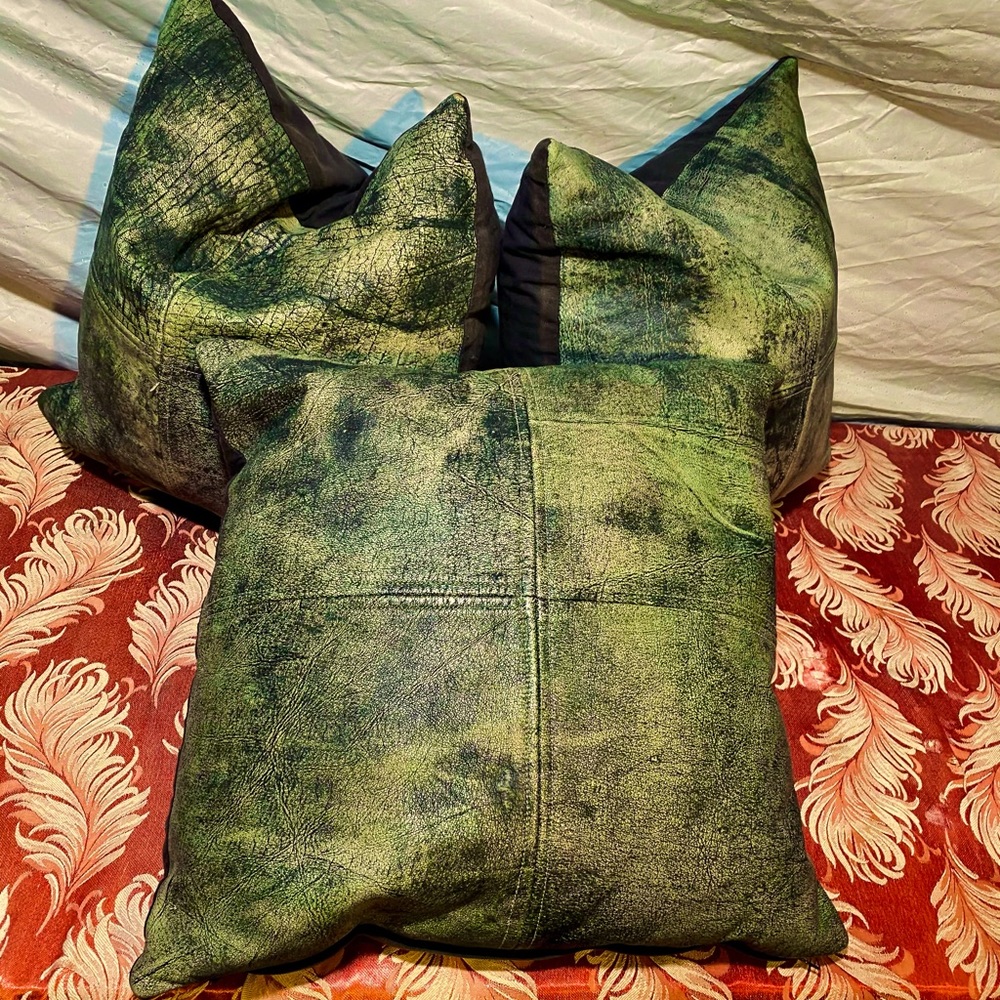EUC CB2 Modern Acid-Washed Leather Throw Pillows (Set of Three)